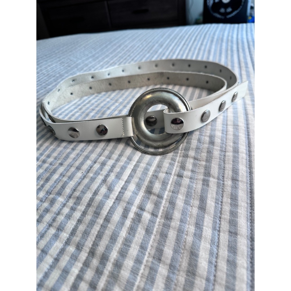 Omega White Studded‎ Belt Silver Ring Buckle Y2K 90s Mod Statement Accessory